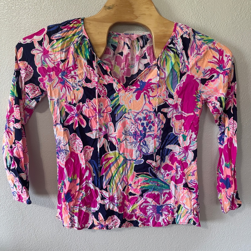 Lilly Pulitzer Willa Pink Navy Blue Floral Blouse Long Sleeve Top Womens Small